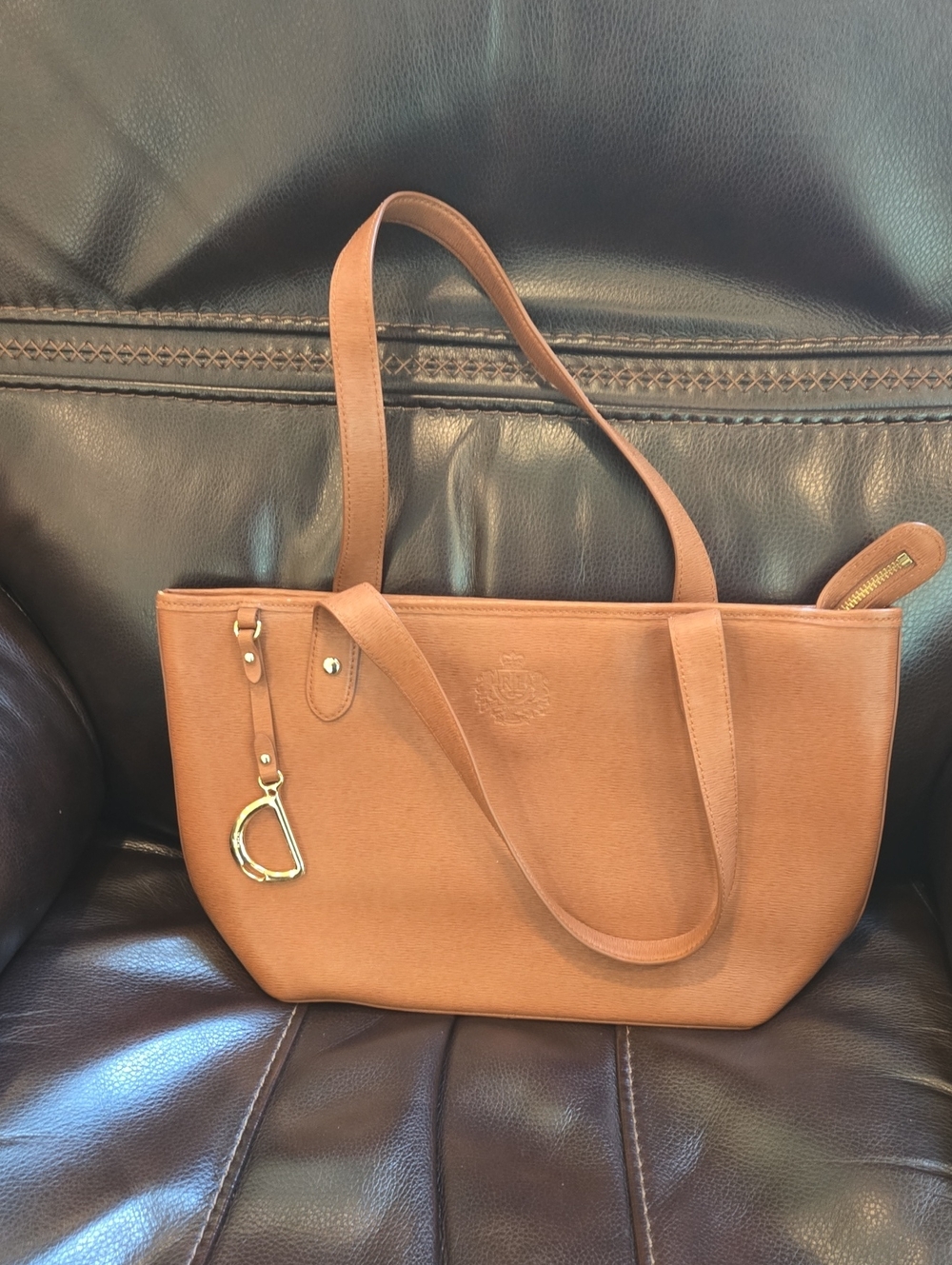 RALPH LAUREN Structured Tan Leather Tote with Gold Charm